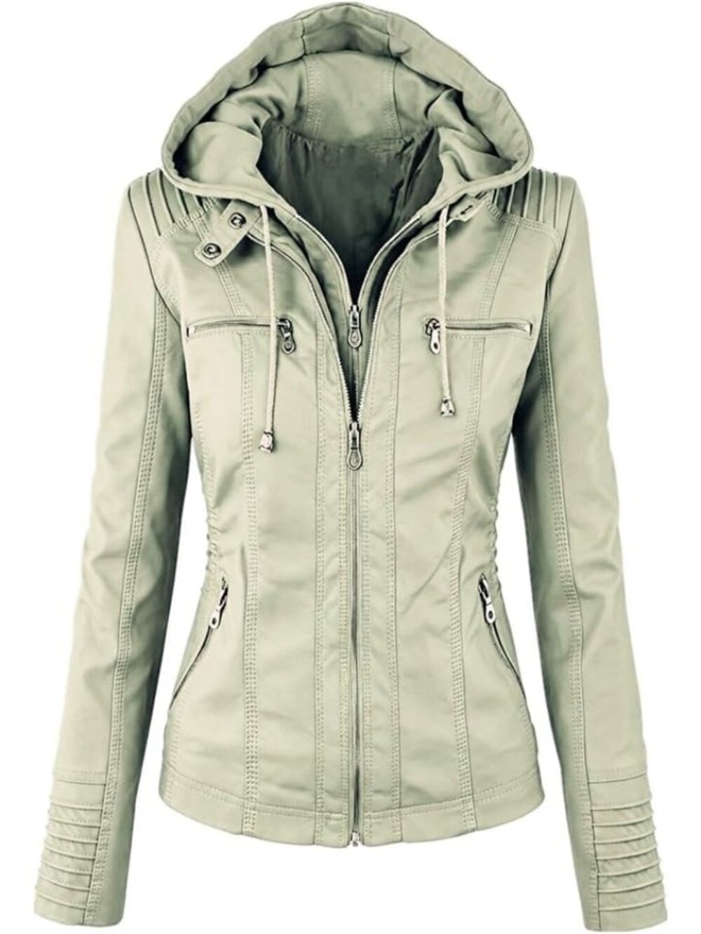 Women’s Mint Green Hooded Faux Leather Motorcycle Jacket Zip Up Casual Biker Coa